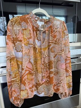 Rachel Zoe Paisley Tie-Neck Blouse in Orange, Pink & Brown